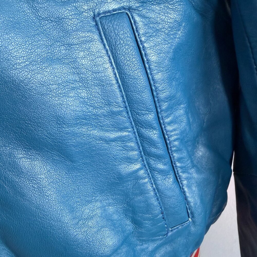Evil Kristen Bouchard Blue Leather Retro Rainbow Aviator Jacket L/XL - Picture 11 of 16